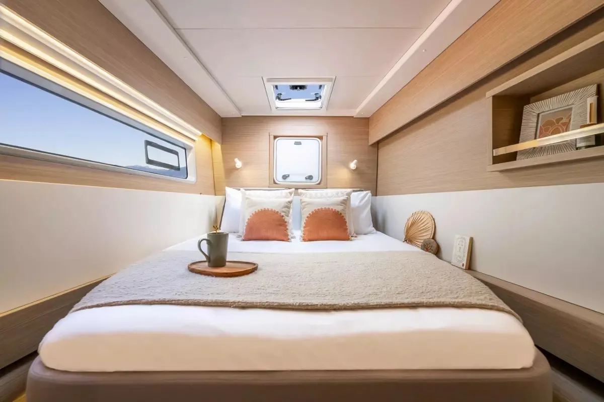 Cabin on new Lag 43, a Lagoon 43 catamaran at Olbia, Italy