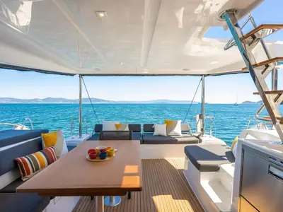 Deck of new Lag 43, a Lagoon 43 catamaran at Olbia, Italy