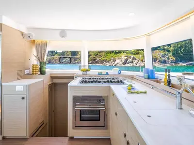 Galley of new Lag 43, a Lagoon 43 catamaran at Olbia, Italy
