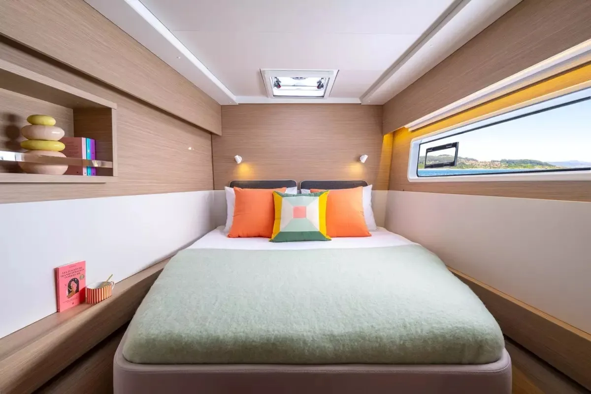 Cabin on new Lag 43, a Lagoon 43 catamaran at Olbia, Italy