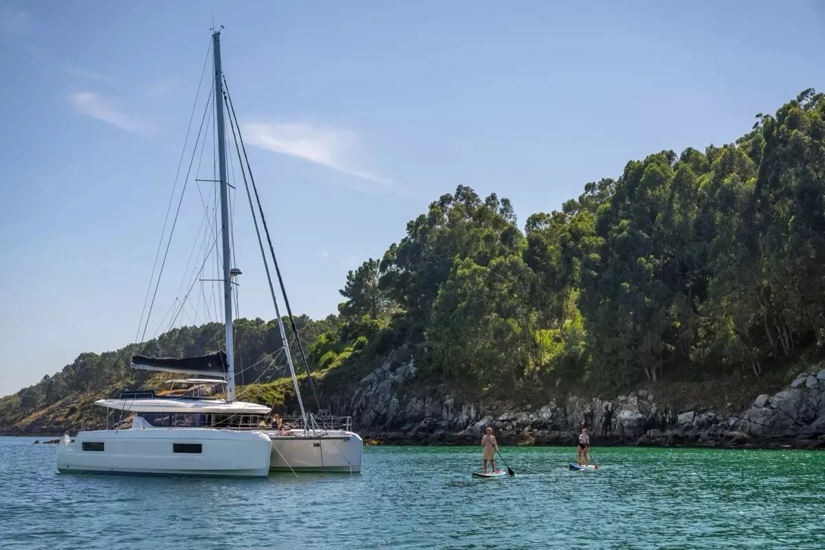 Exterior view of new Lag 43, a Lagoon 43 catamaran at Olbia, Italy