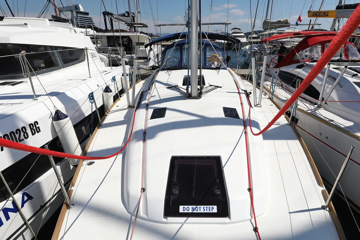 Deck of Malin, a Jeanneau Sun Odyssey 439 sailboat at Grad Vodice, Croatia
