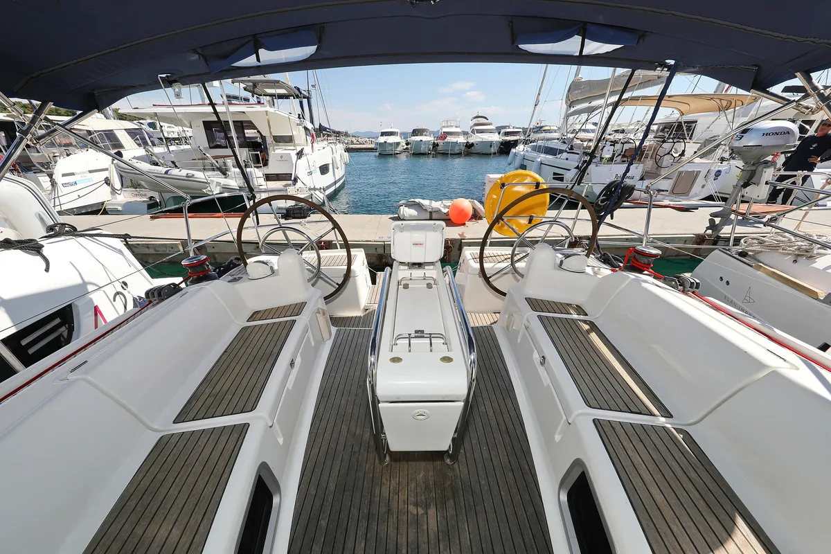 Cockpit of Malin, a Jeanneau Sun Odyssey 439 sailboat at Grad Vodice, Croatia