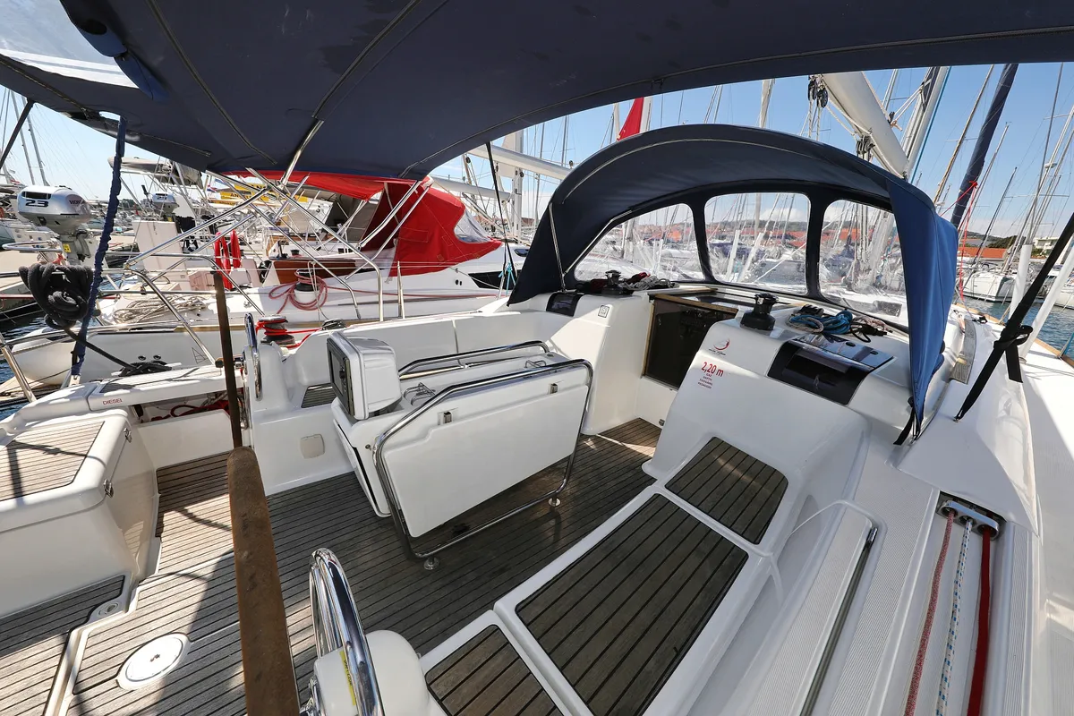 Cockpit of Malin, a Jeanneau Sun Odyssey 439 sailboat at Grad Vodice, Croatia