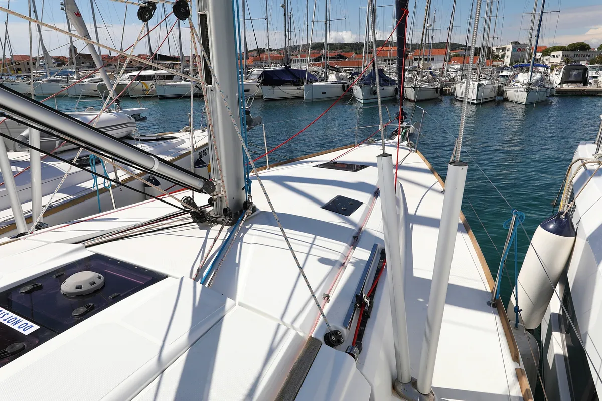 Deck of Malin, a Jeanneau Sun Odyssey 439 sailboat at Grad Vodice, Croatia
