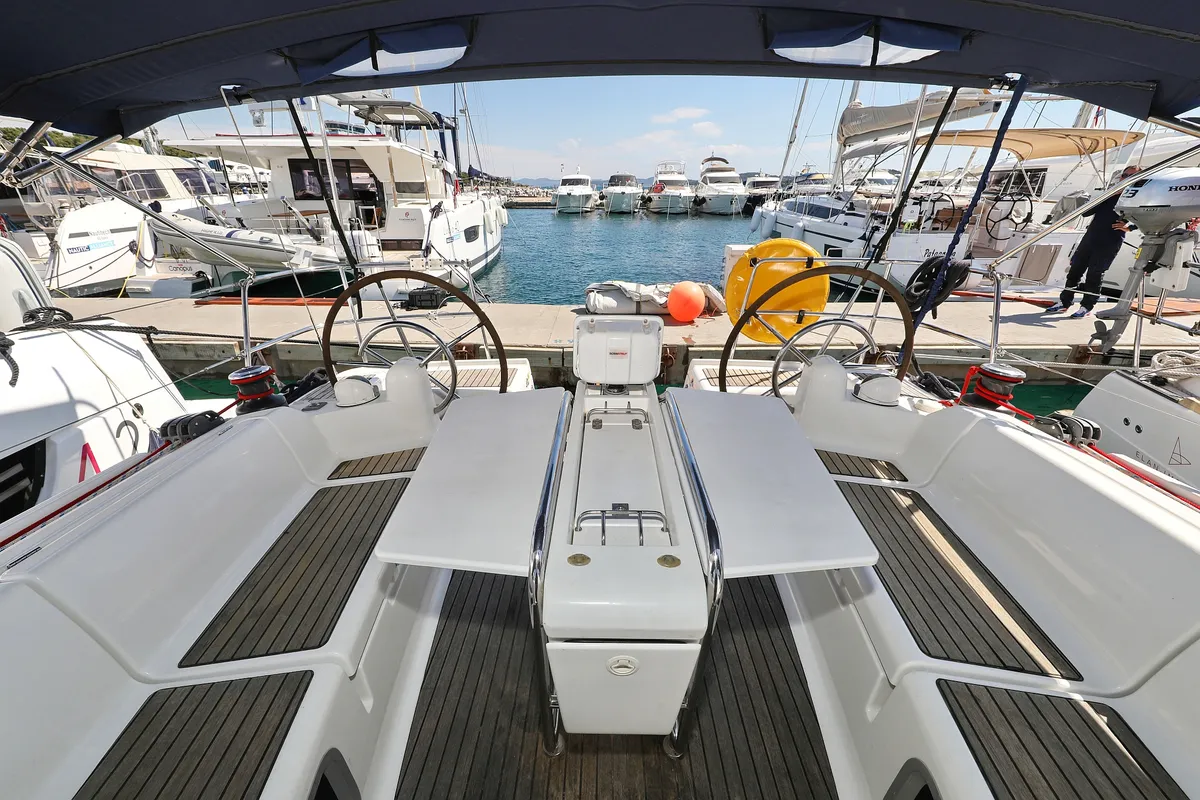 Cockpit of Malin, a Jeanneau Sun Odyssey 439 sailboat at Grad Vodice, Croatia
