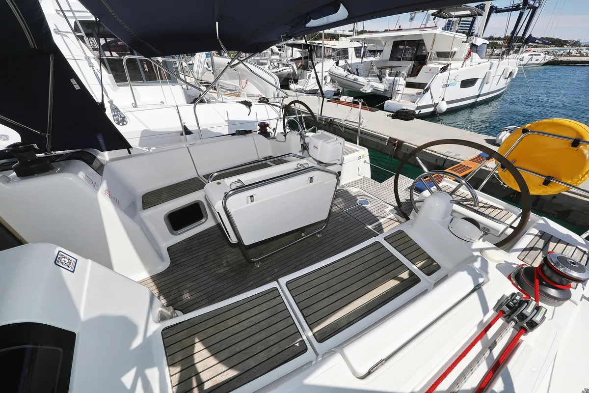 Cockpit of Malin, a Jeanneau Sun Odyssey 439 sailboat at Grad Vodice, Croatia