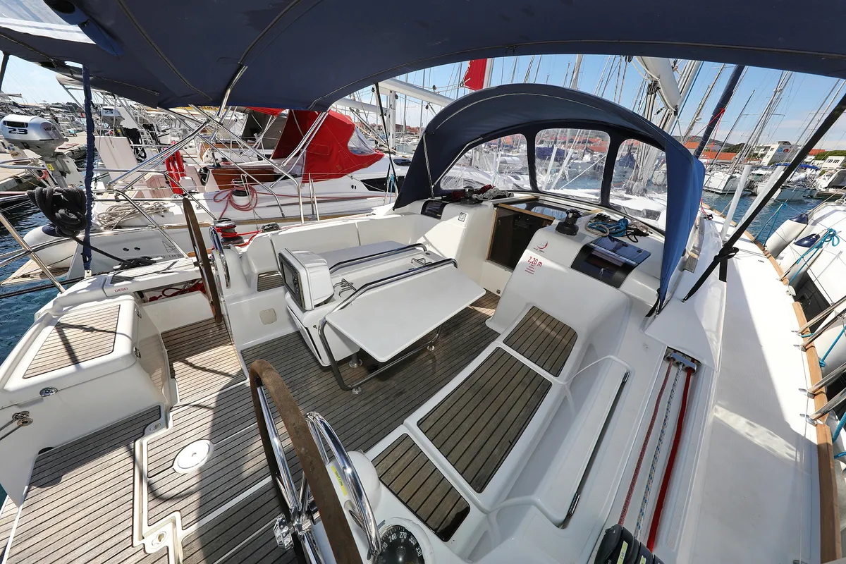 Cockpit of Malin, a Jeanneau Sun Odyssey 439 sailboat at Grad Vodice, Croatia