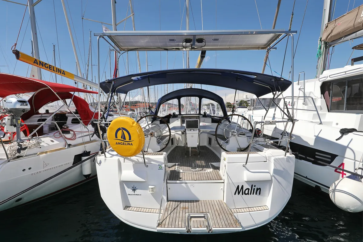 Deck of Malin, a Jeanneau Sun Odyssey 439 sailboat at Grad Vodice, Croatia