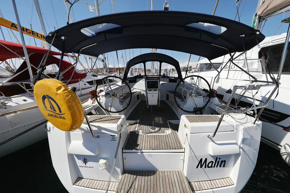 Cockpit of Malin, a Jeanneau Sun Odyssey 439 sailboat at Grad Vodice, Croatia