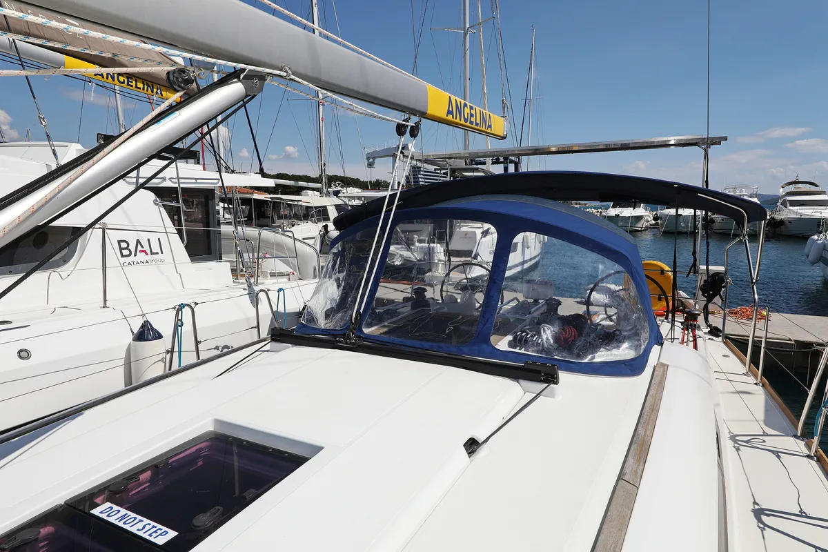 Deck of Malin, a Jeanneau Sun Odyssey 439 sailboat at Grad Vodice, Croatia