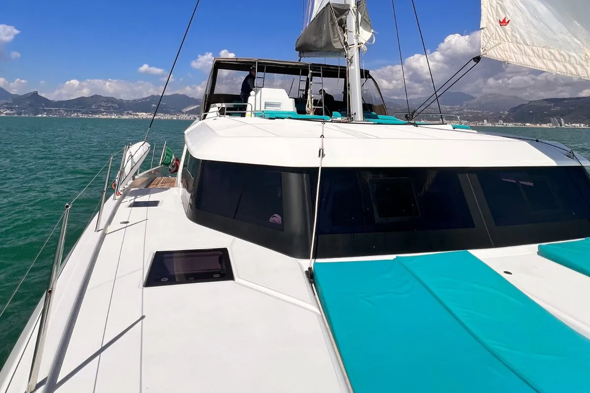 Deck of Futura, a Dufour 48 Catamaran catamaran at Cecina, Italy