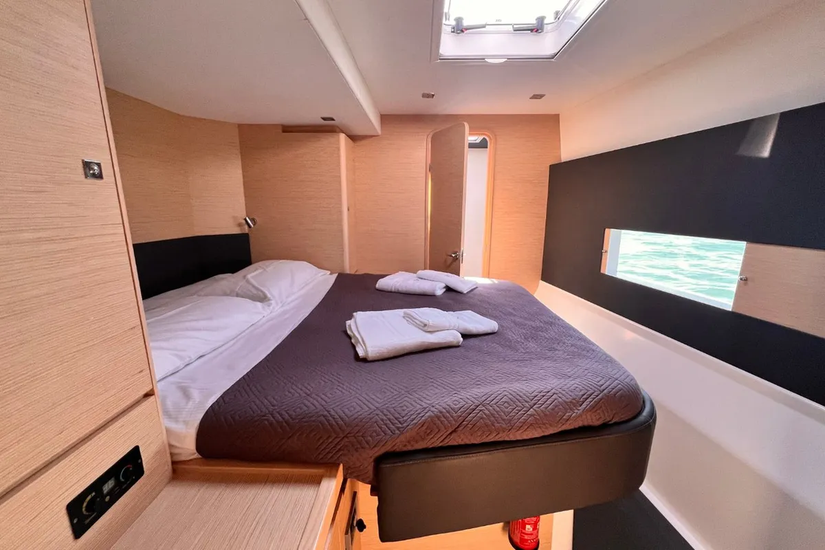 Cabin on Futura, a Dufour 48 Catamaran catamaran at Cecina, Italy