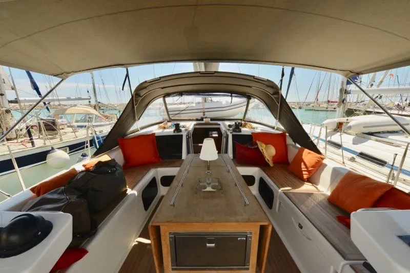 Cockpit of Santa Maria Novella, a Dufour 520 GL - 4. cab sailboat at Cecina, Italy