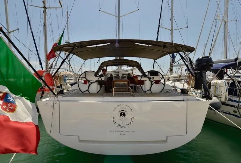 Cockpit of Santa Maria Novella, a Dufour 520 GL - 4. cab sailboat at Cecina, Italy
