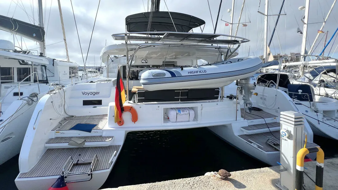 Exterior view of Voyager, a Lagoon 46 catamaran at Palma de Mallorca, Spain
