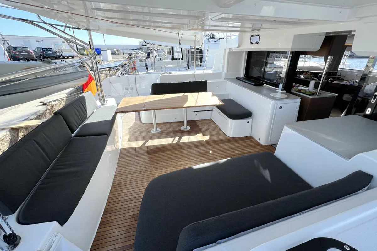 Deck of Voyager, a Lagoon 46 catamaran at Palma de Mallorca, Spain
