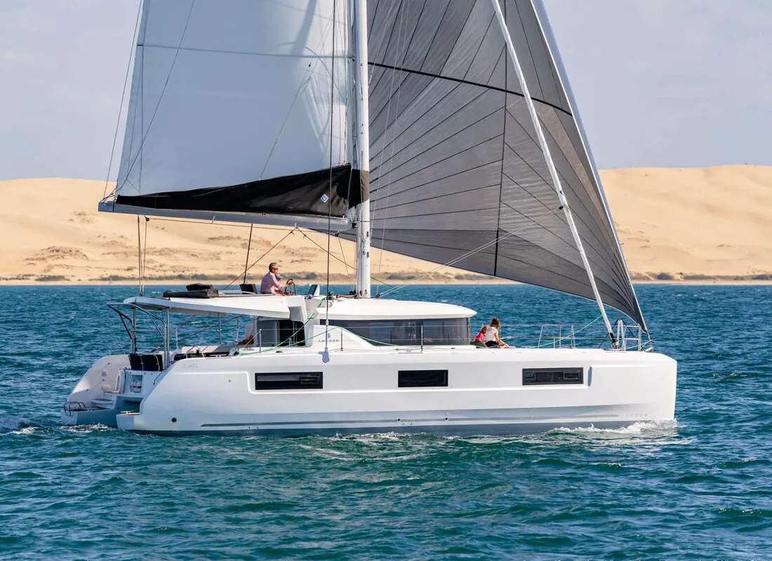 Exterior view of Voyager, a Lagoon 46 catamaran at Palma de Mallorca, Spain