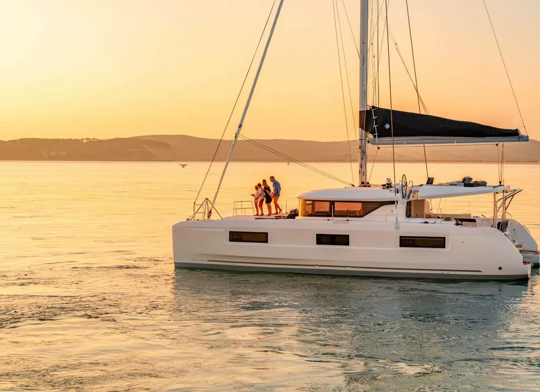 Exterior view of Voyager, a Lagoon 46 catamaran at Palma de Mallorca, Spain
