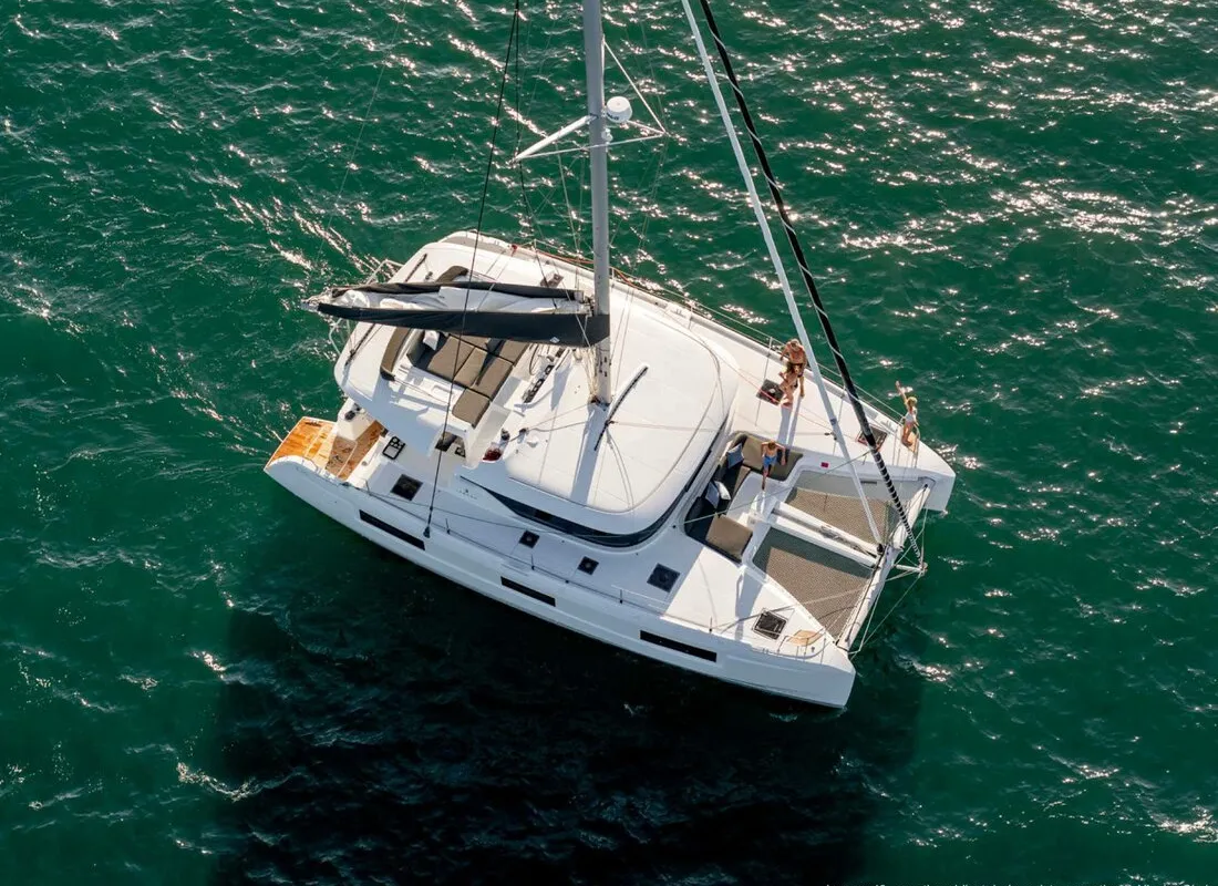 Exterior view of Voyager, a Lagoon 46 catamaran at Palma de Mallorca, Spain