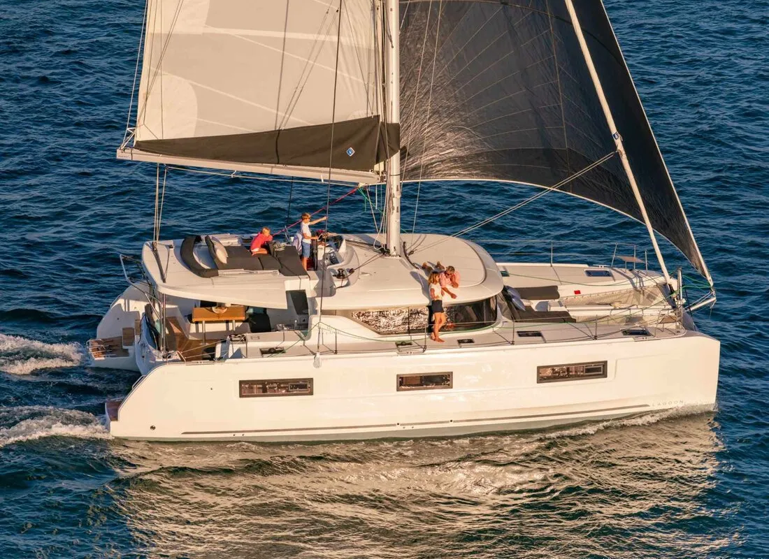 Exterior view of Voyager, a Lagoon 46 catamaran at Palma de Mallorca, Spain