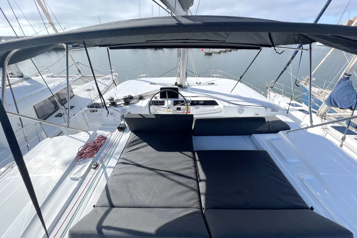 Cockpit of Voyager, a Lagoon 46 catamaran at Palma de Mallorca, Spain
