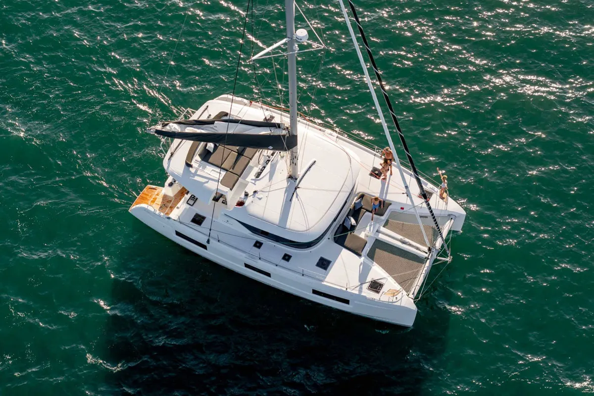 Exterior view of Voyager, a Lagoon 46 catamaran at Palma de Mallorca, Spain