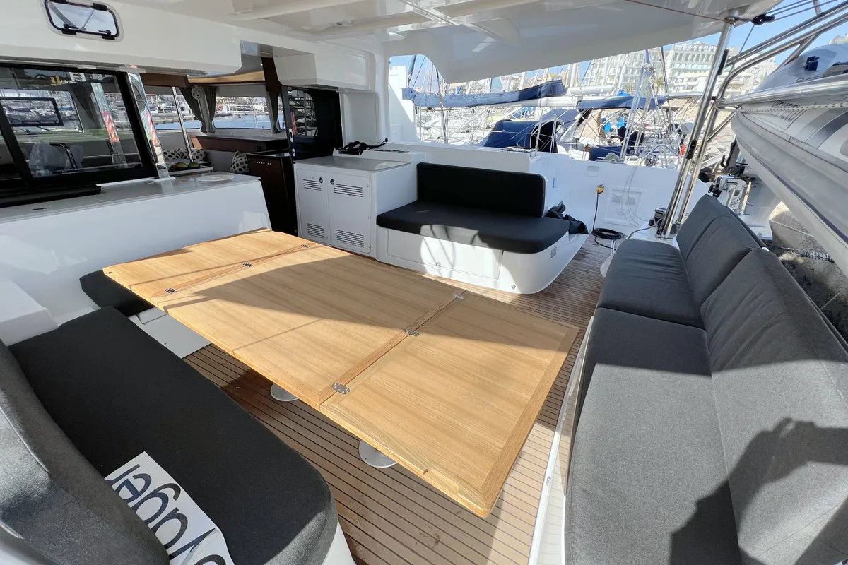 Deck of Voyager, a Lagoon 46 catamaran at Palma de Mallorca, Spain