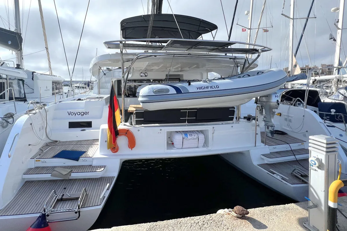 Exterior view of Voyager, a Lagoon 46 catamaran at Palma de Mallorca, Spain