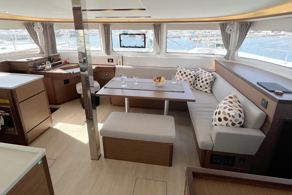 Salon of Voyager, a Lagoon 46 catamaran at Palma de Mallorca, Spain