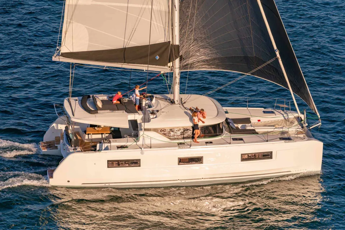 Exterior view of Voyager, a Lagoon 46 catamaran at Palma de Mallorca, Spain