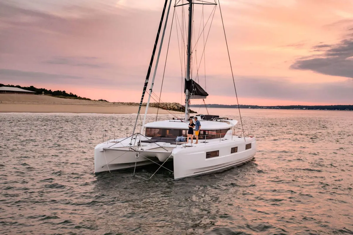 Exterior view of Voyager, a Lagoon 46 catamaran at Palma de Mallorca, Spain