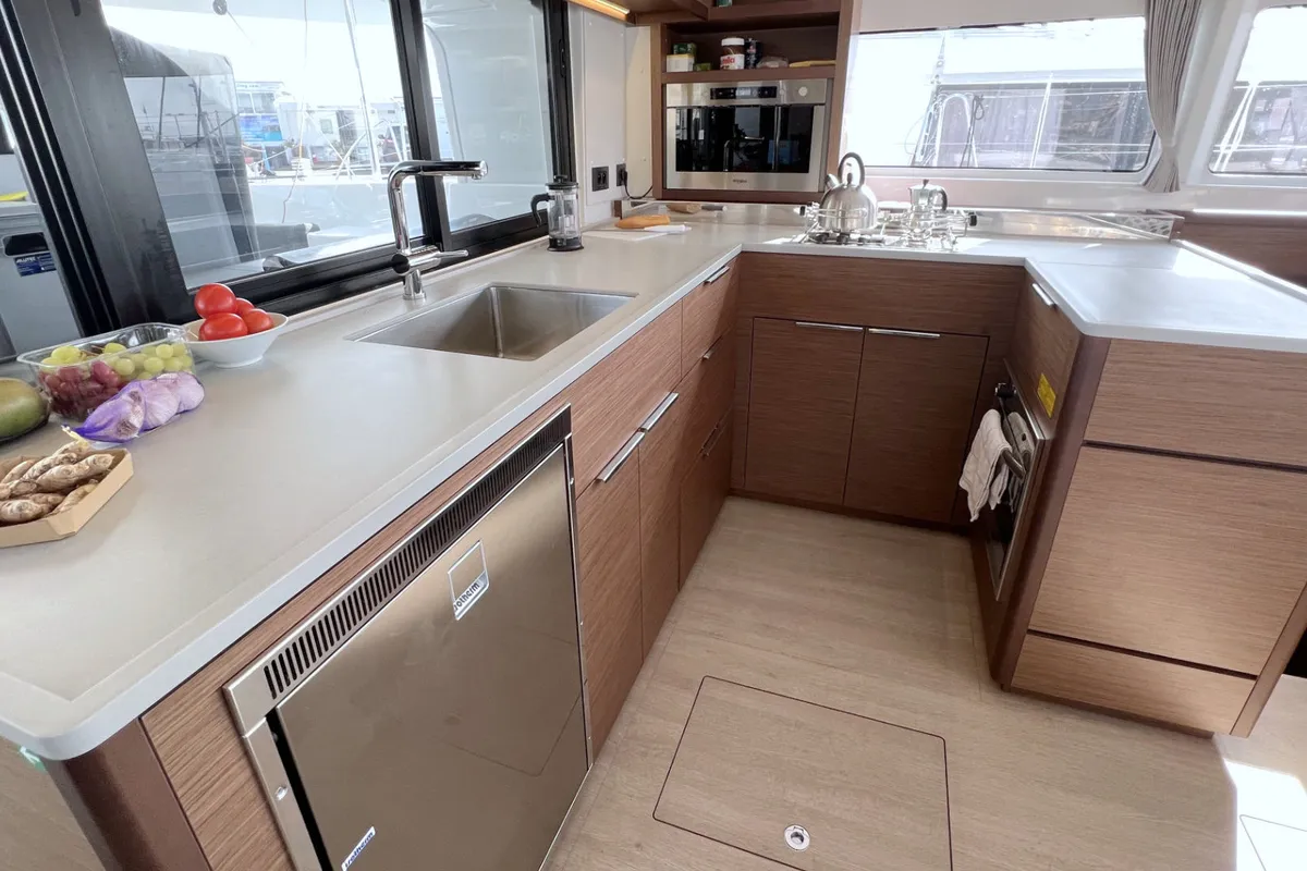 Galley of Voyager, a Lagoon 46 catamaran at Palma de Mallorca, Spain