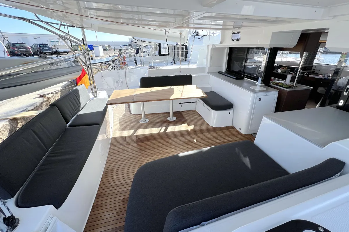 Deck of Voyager, a Lagoon 46 catamaran at Palma de Mallorca, Spain