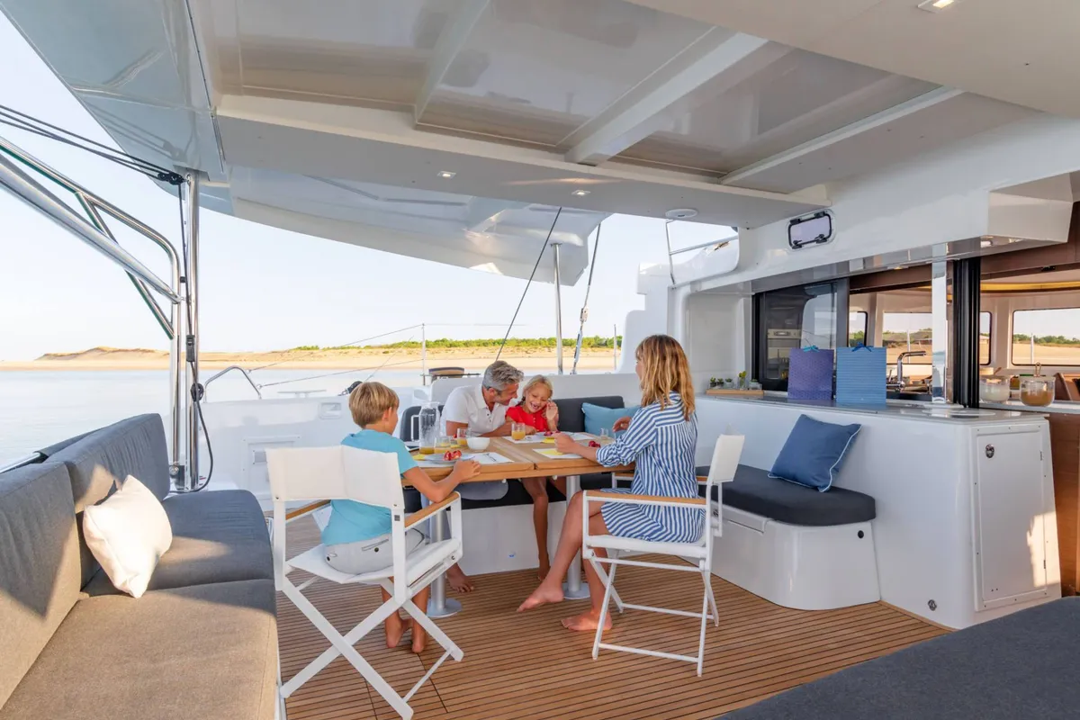 Deck of Voyager, a Lagoon 46 catamaran at Palma de Mallorca, Spain