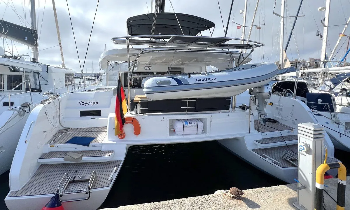 Exterior view of Voyager, a Lagoon 46 catamaran at Palma de Mallorca, Spain