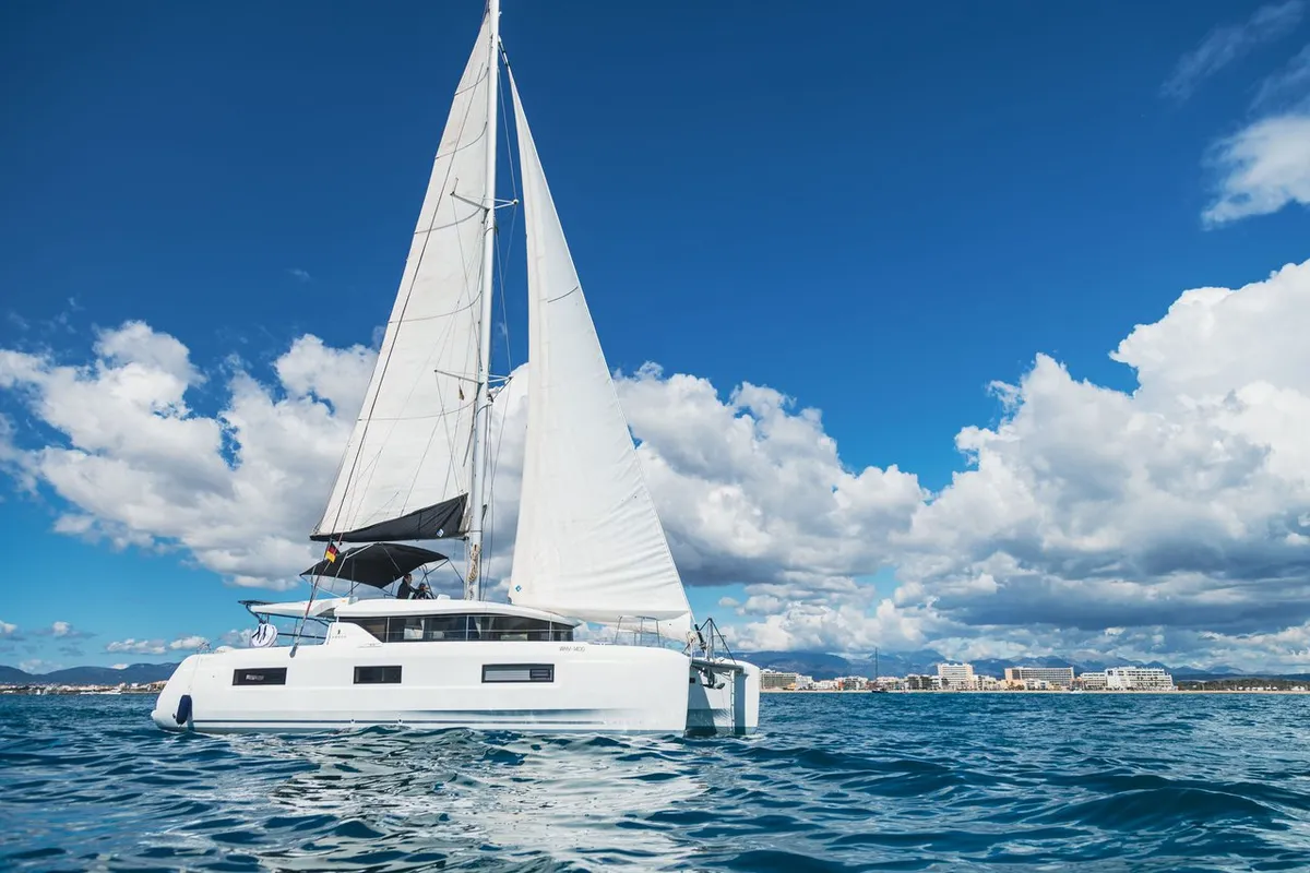 Exterior view of Voyager, a Lagoon 46 catamaran at Palma de Mallorca, Spain