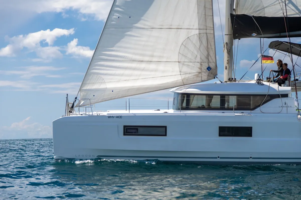 Exterior view of Voyager, a Lagoon 46 catamaran at Palma de Mallorca, Spain