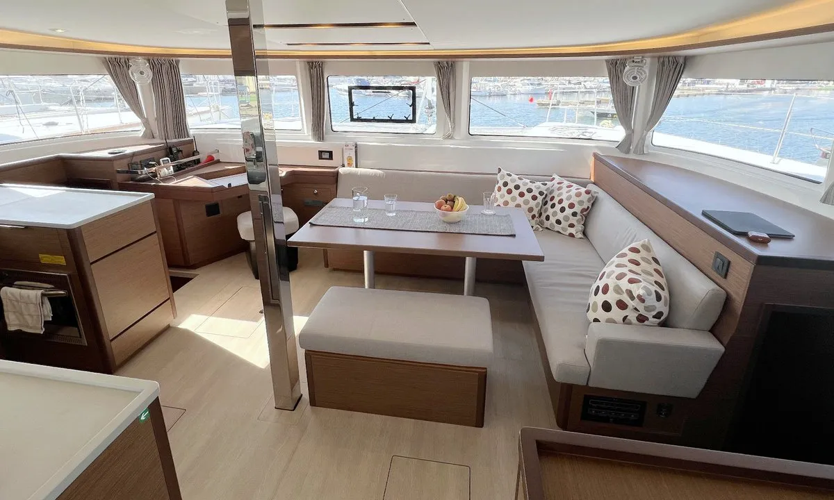 Salon of Voyager, a Lagoon 46 catamaran at Palma de Mallorca, Spain