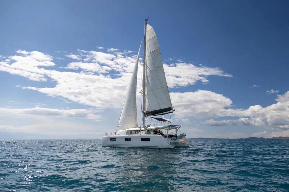 Exterior view of Voyager, a Lagoon 46 catamaran at Palma de Mallorca, Spain