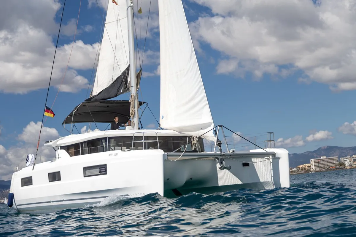 Exterior view of Voyager, a Lagoon 46 catamaran at Palma de Mallorca, Spain