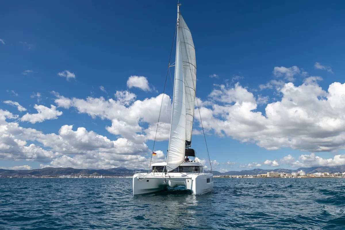 Exterior view of Voyager, a Lagoon 46 catamaran at Palma de Mallorca, Spain