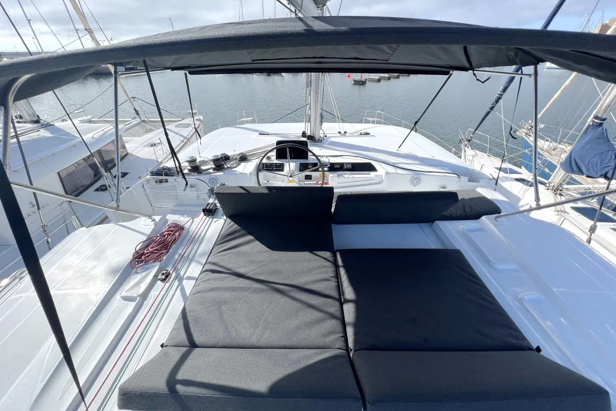 Cockpit of Voyager, a Lagoon 46 catamaran at Palma de Mallorca, Spain