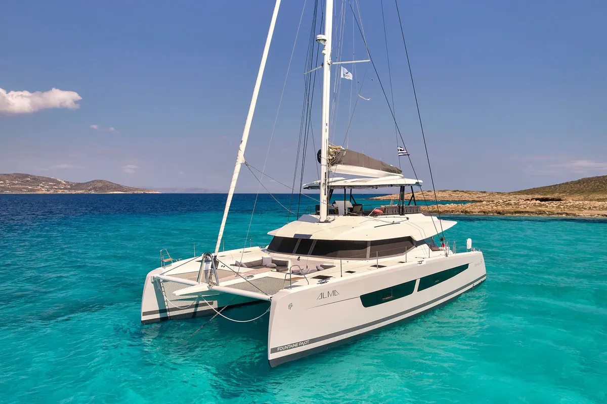 Exterior view of ALMA, a Fountaine Pajot Samana 59 catamaran at Athens, Greece