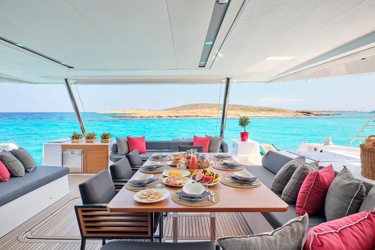 Deck of ALMA, a Fountaine Pajot Samana 59 catamaran at Athens, Greece