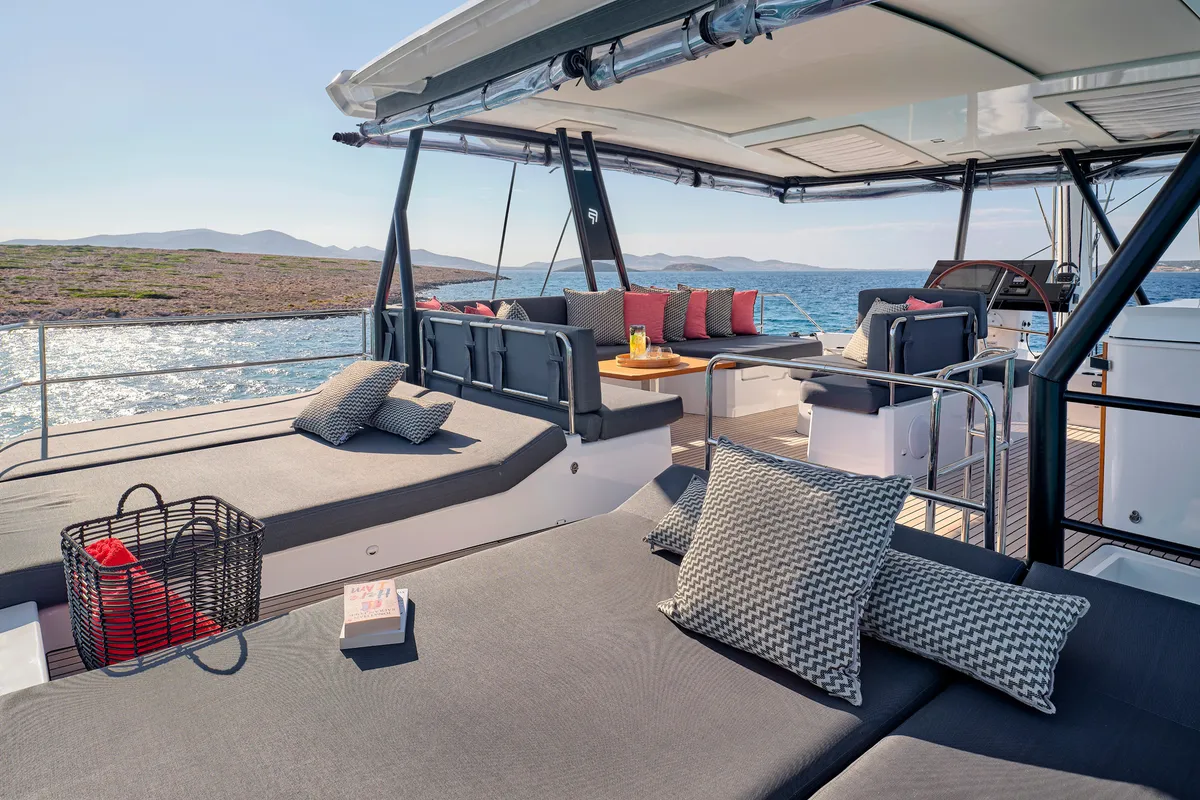 Deck of ALMA, a Fountaine Pajot Samana 59 catamaran at Athens, Greece