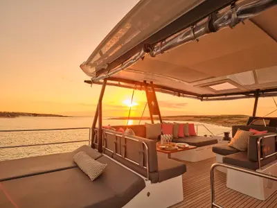 Deck of ALMA, a Fountaine Pajot Samana 59 catamaran at Athens, Greece