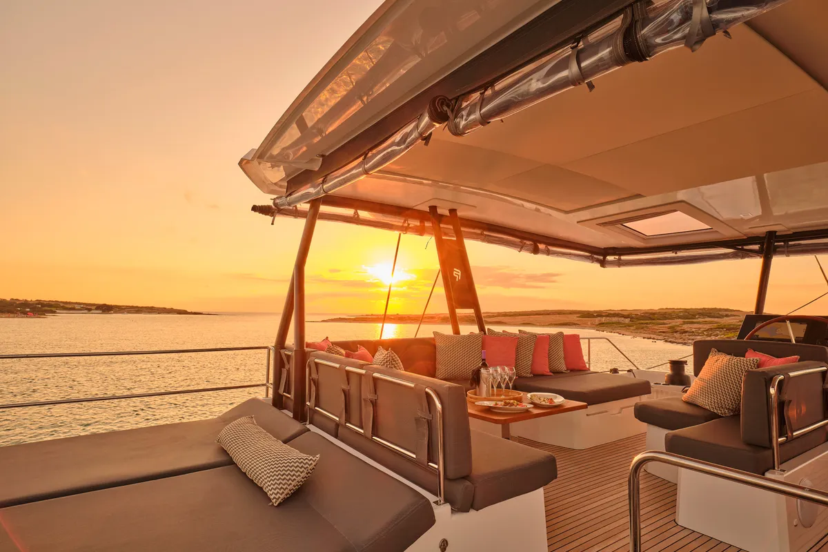 Deck of ALMA, a Fountaine Pajot Samana 59 catamaran at Athens, Greece