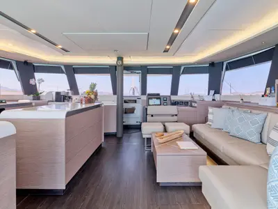 Salon of ALMA, a Fountaine Pajot Samana 59 catamaran at Athens, Greece