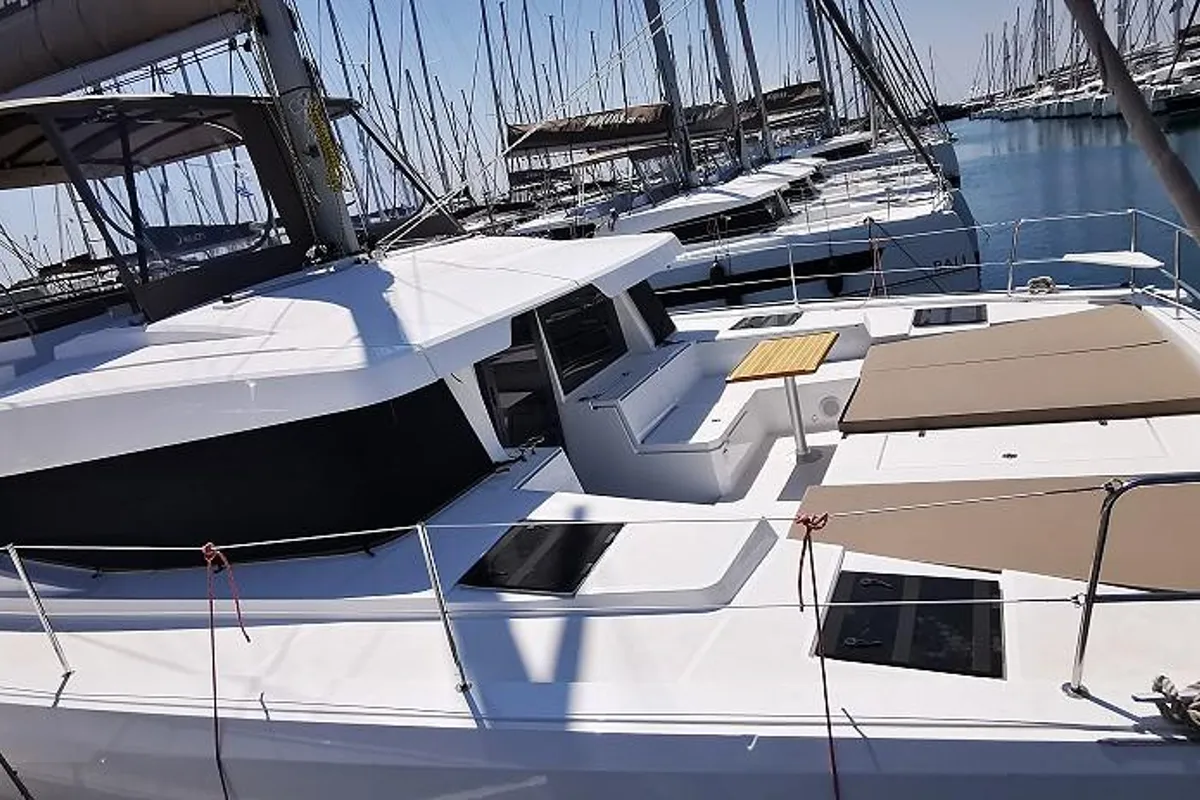 Exterior view of Kos 44.1, a Bali 4.4 catamaran at Athens, Greece